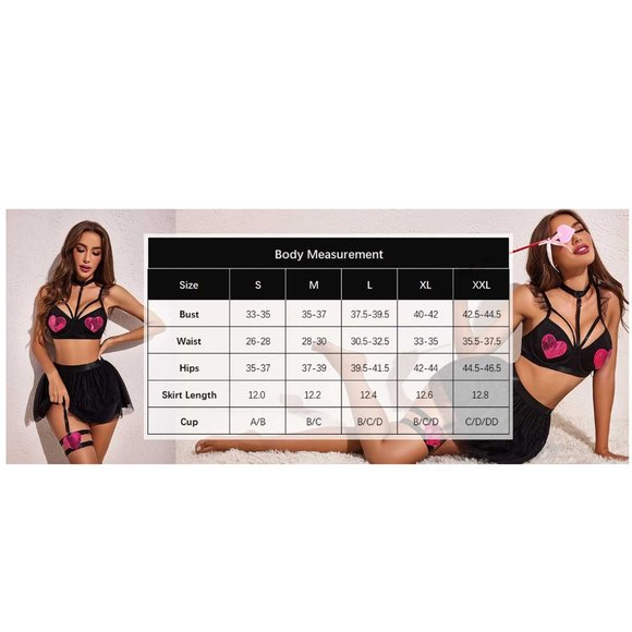 Black Underwire Bra and TUTU Skirt Garter Heart Lingerie Set - Picture 3 of 7